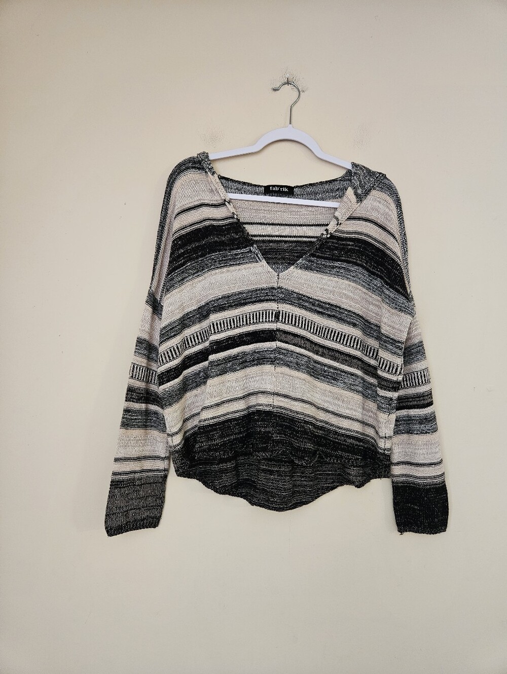 fab'rik Striped V-Neck Hooded Sweater in Black and Cream, Size Small